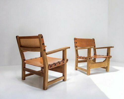 Mid Century Spanish Brutalist Armchairs In Cognac Leather, 1950s, Set Of 2 photo vinterior