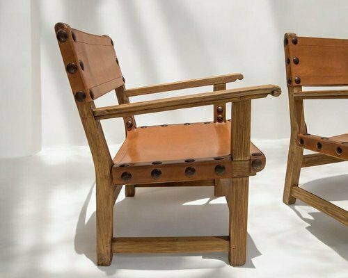 Mid Century Spanish Brutalist Armchairs In Cognac Leather, 1950s, Set Of 2 photo vintage