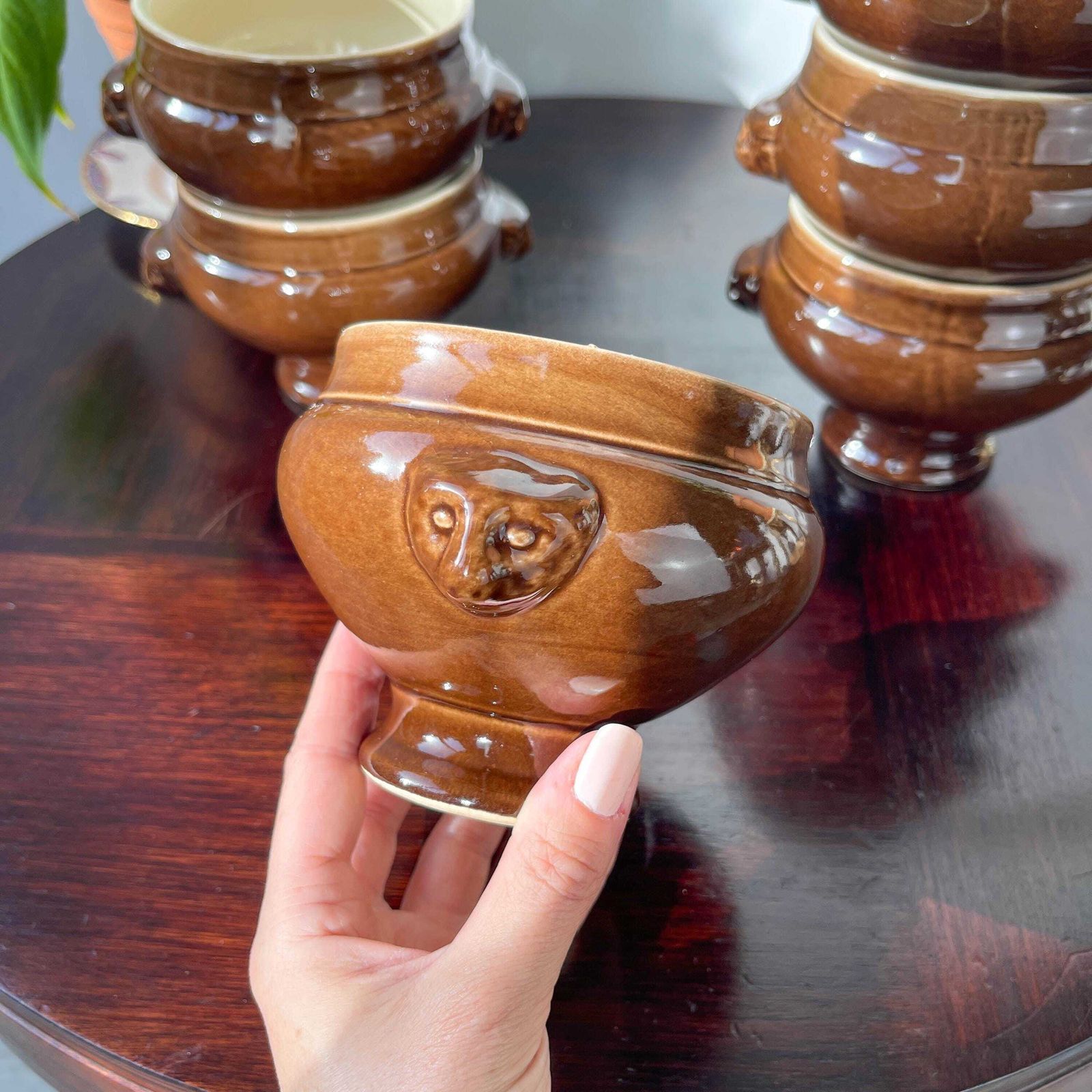 6 Vintage Emile Henry Lion Head Soup Bowls   Brown Ceramic, Made In France   Elegant And Traditional French Design For Your Recipes photo vinterior