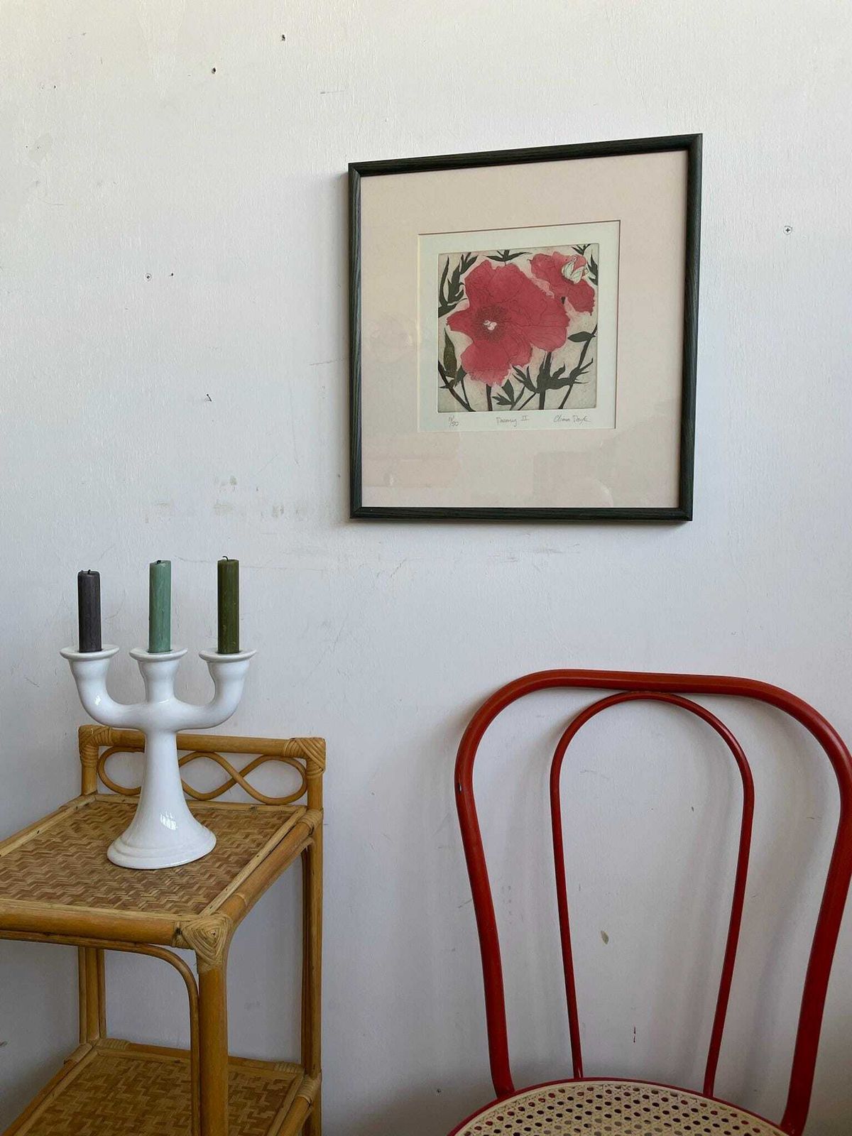 Cliona Doyle Framed Art Etching Print Of Paeony 2 Red Green Floral Thin Green Frame photo furniture