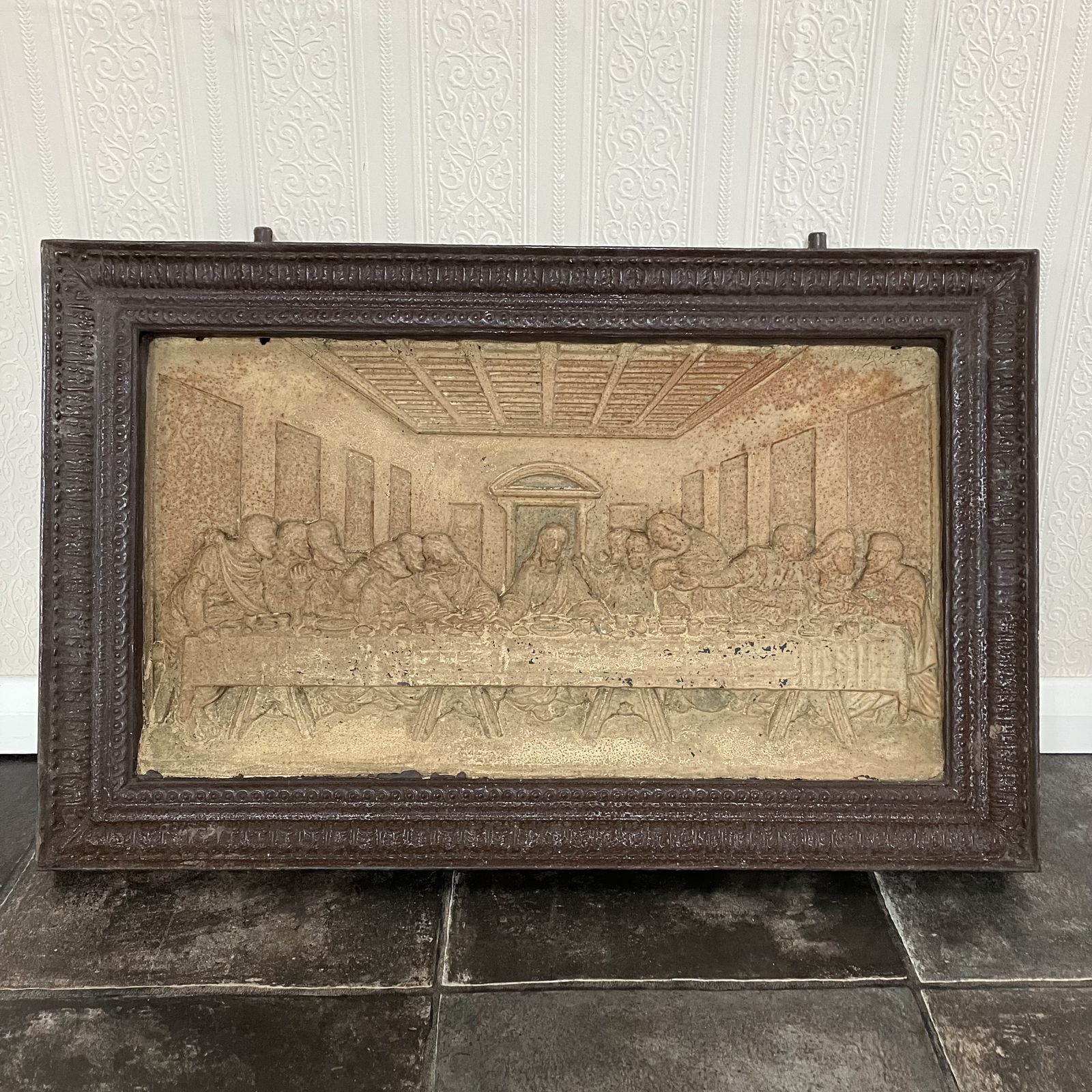 Antique Salvaged 19th Century Framed Cast Iron Relief Panel Of Da Vinci's The Last Supper