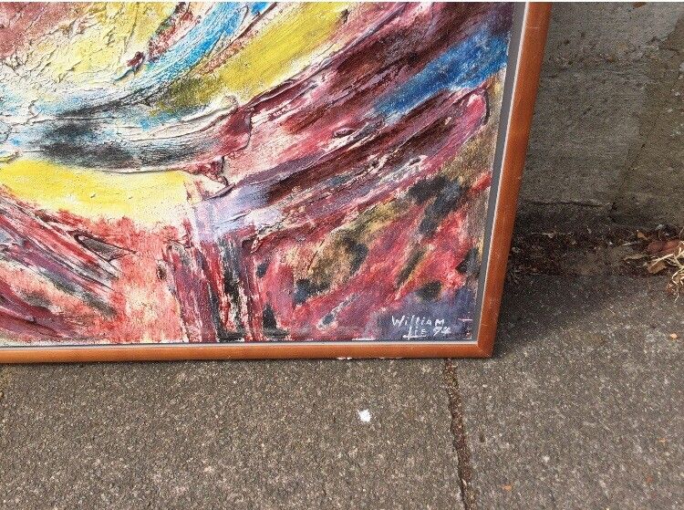 Original Mid Century Modern Oil Painting Mix Media Contemporary Canyon Painting photo furniture