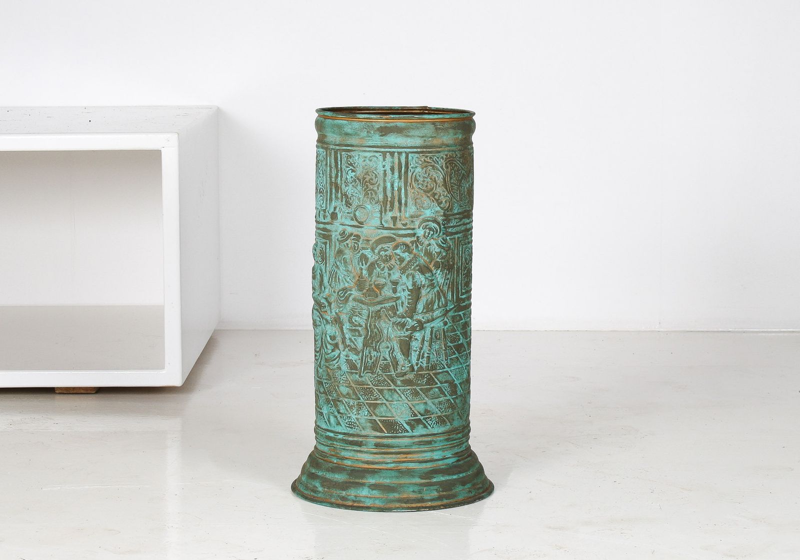 1950s Brass Stick Umbrella Stand Pot With Verdigris Copper Patina photo Home Decor