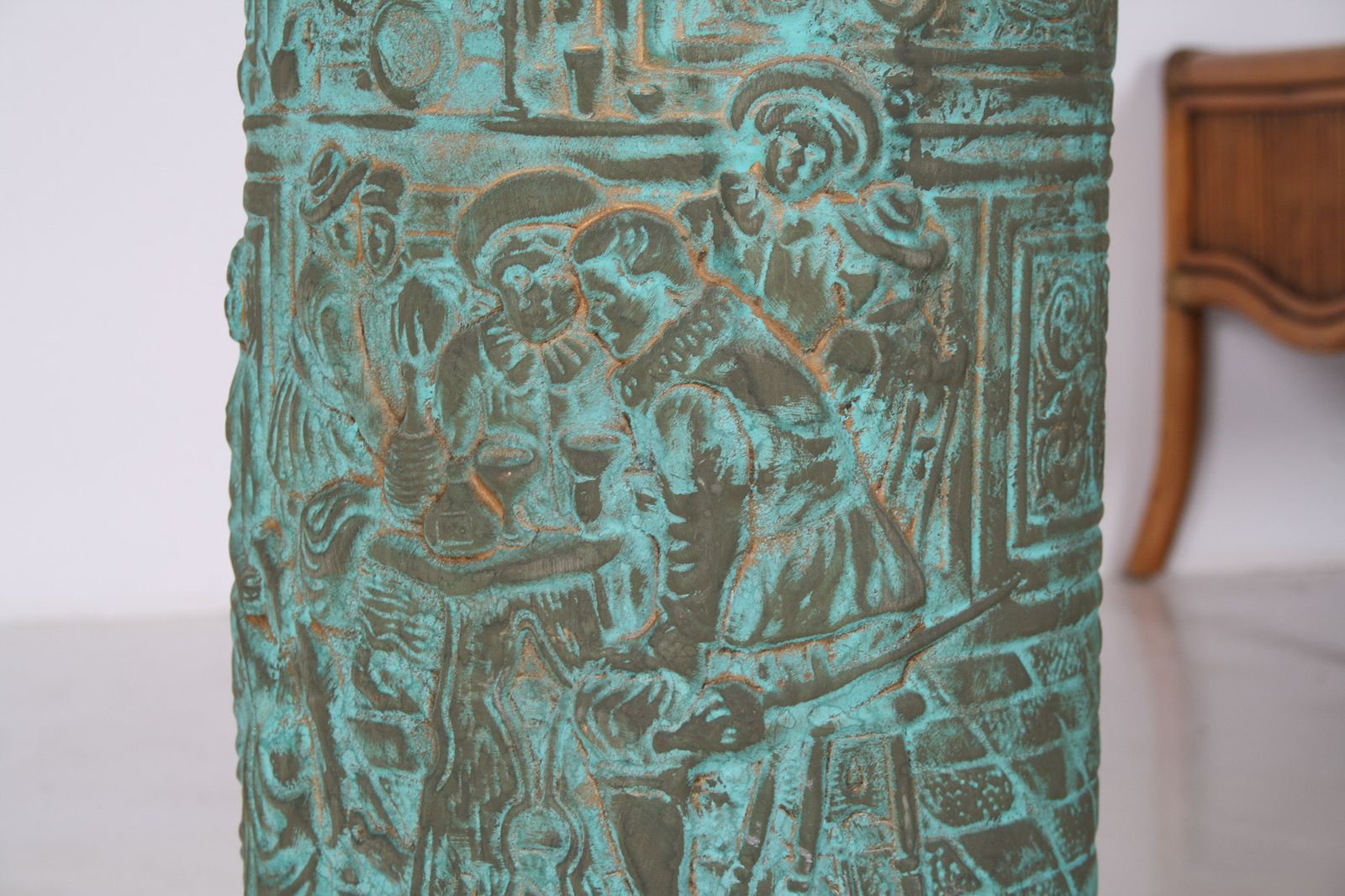 1950s Brass Stick Umbrella Stand Pot With Verdigris Copper Patina photo vintage