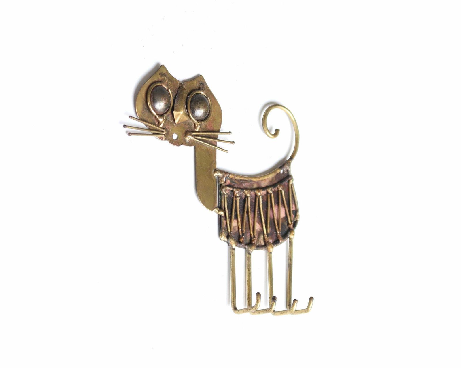 Brass And Copper Cat Key Hanger Sculpture By Jarc, 1950s / French, Brutalist Art, Hook, Organization, C Jere Style photo furniture