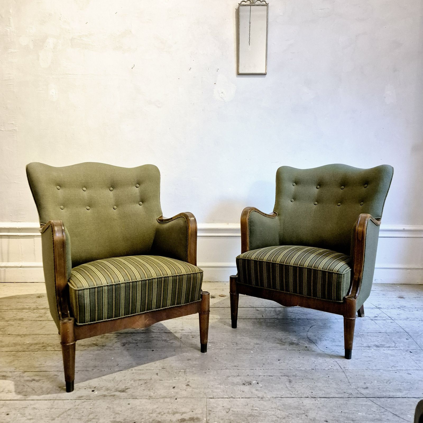 Danish Modern Armchairs By Alfred Christensen. Beautiful Shape, Brass Feet.