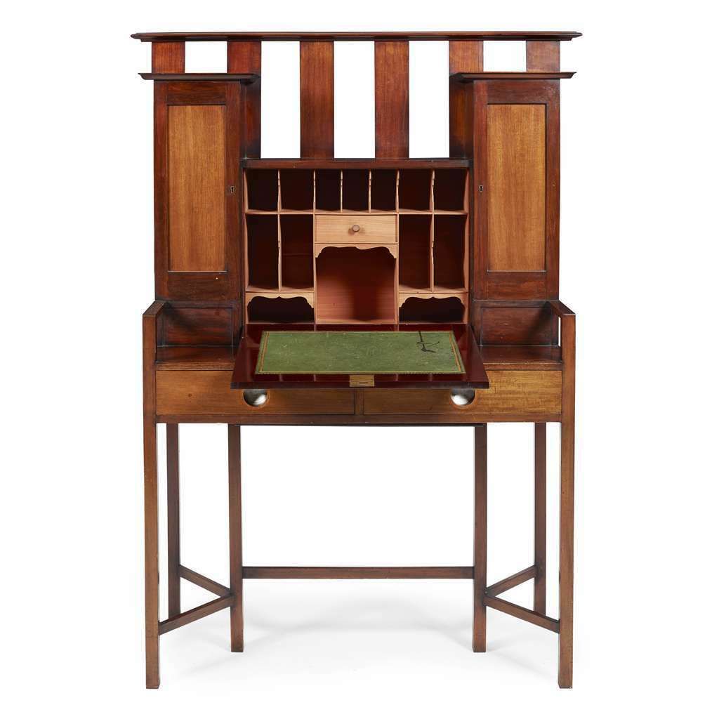 George Montague Ellwood Arts & Crafts Mahogany And Inlaid Secretaire C.1900