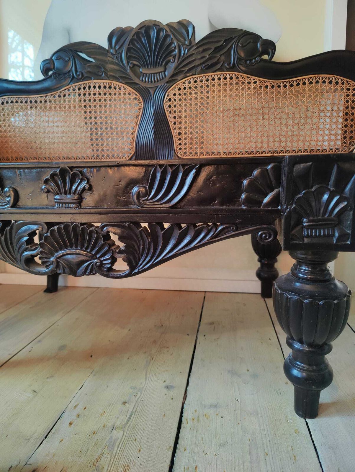 A Pair Of Ceylonese 19th Century Carved Ebony Caned Window Seats photo for sale