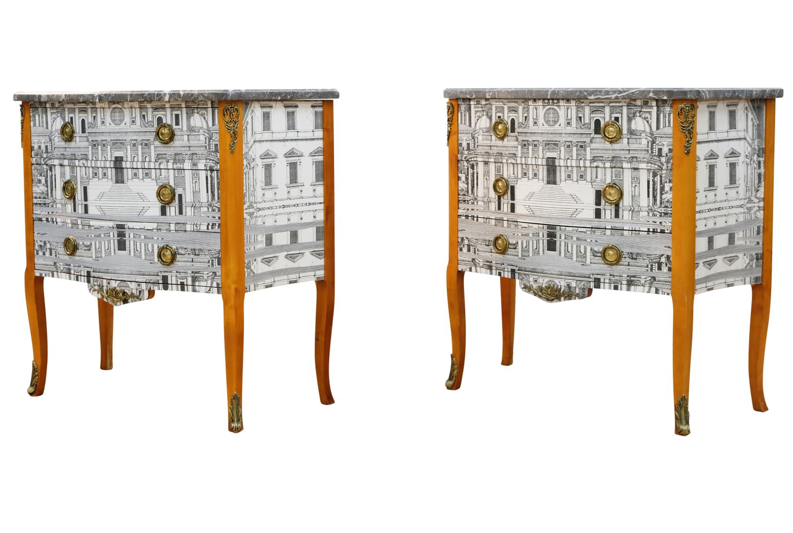 Pair Of Louis XV Style Chest With Fornasetti Pattern Of Ancient Rome And Grey Marble Top photo for sale