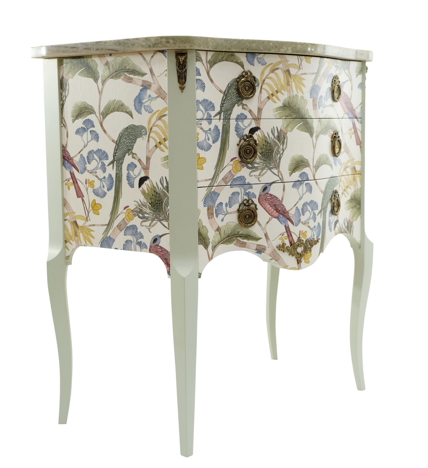 Gustavian Style Commode In Antique White With Exotic Birds Design And Marble Top photo furniture