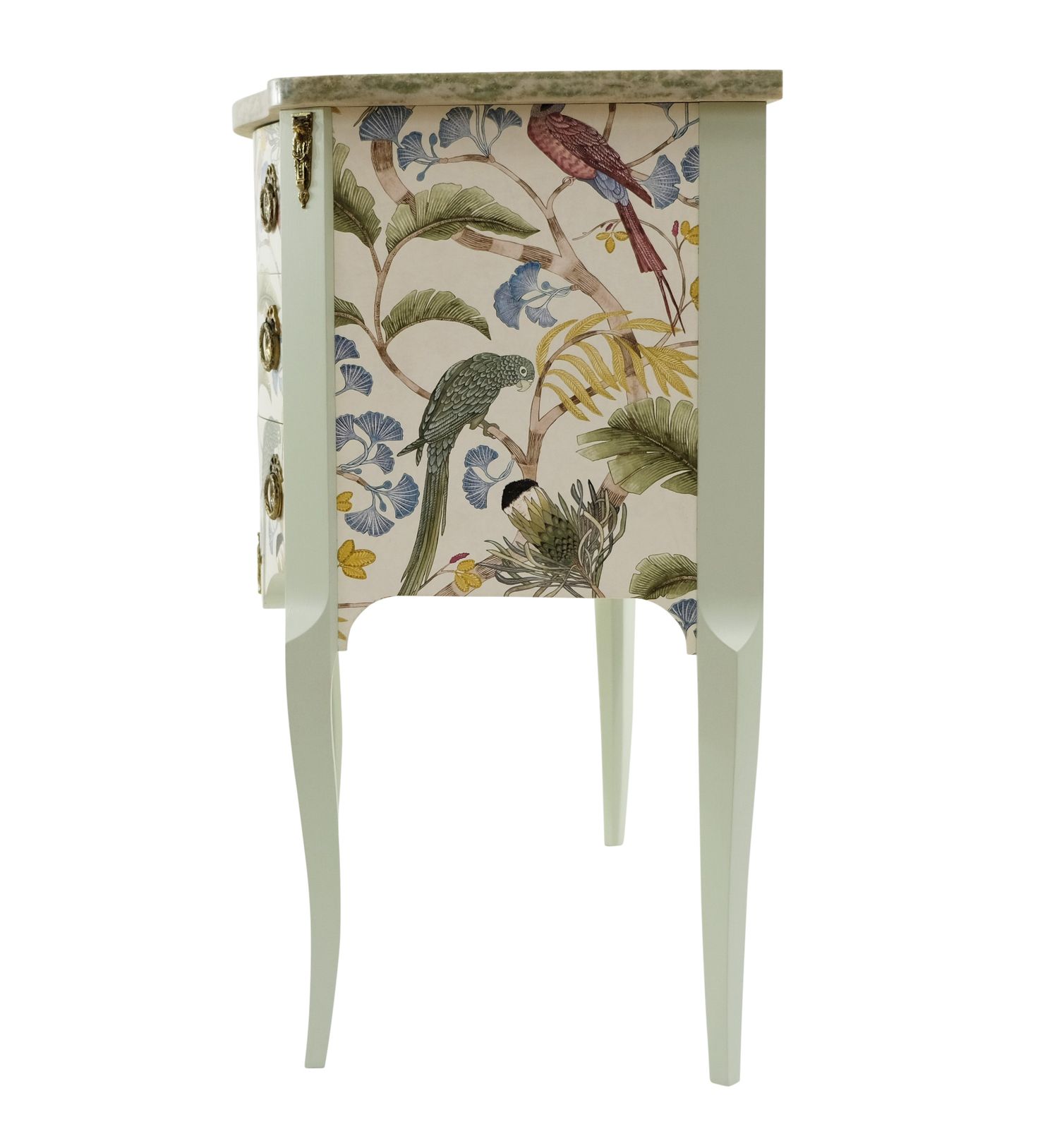 Gustavian Style Commode In Antique White With Exotic Birds Design And Marble Top photo vinterior