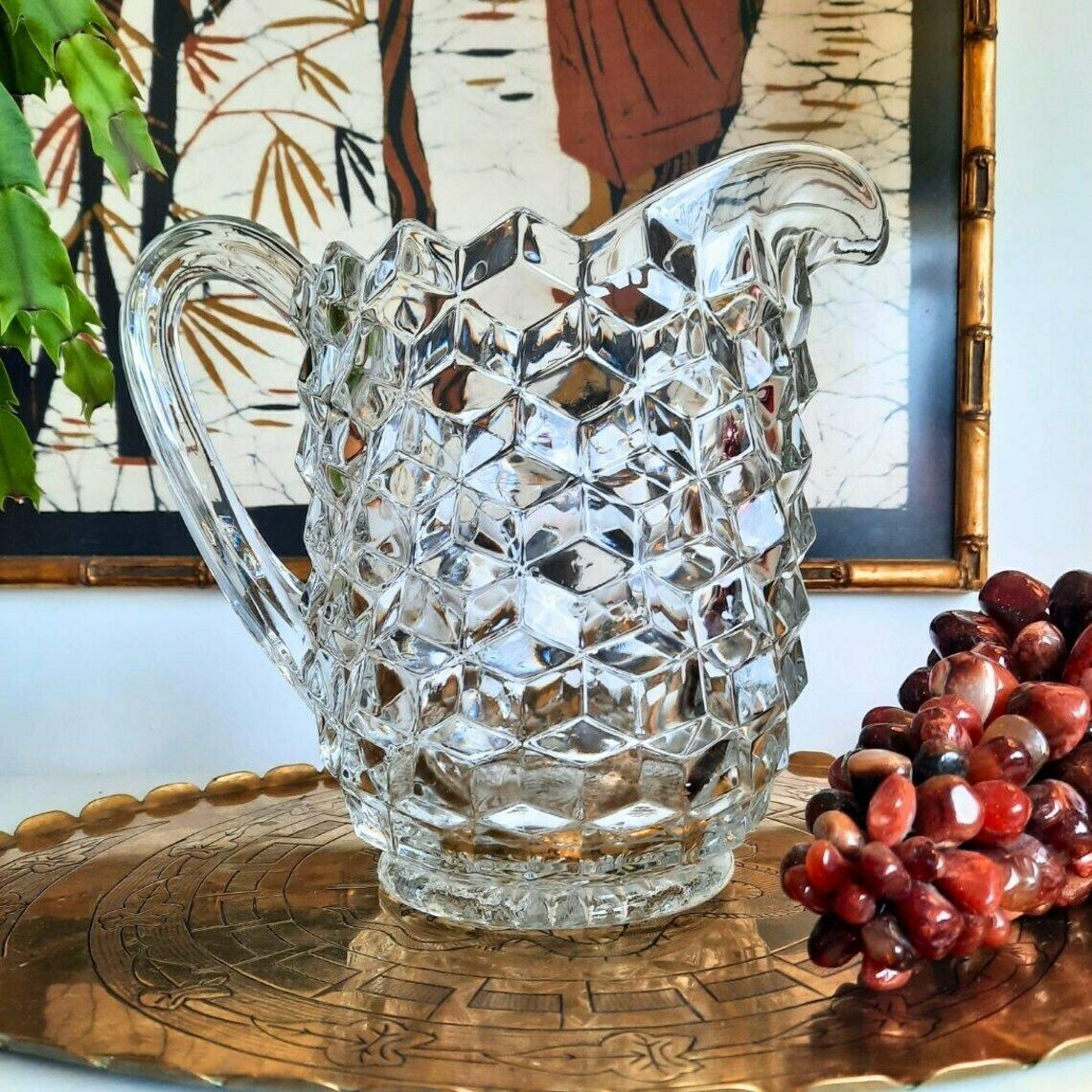 Large Fostoria American Clear Glass Pitcher Jug 8'' Tall 2 Litres, Granma Chic Large Cubes Pitcher photo vinterior