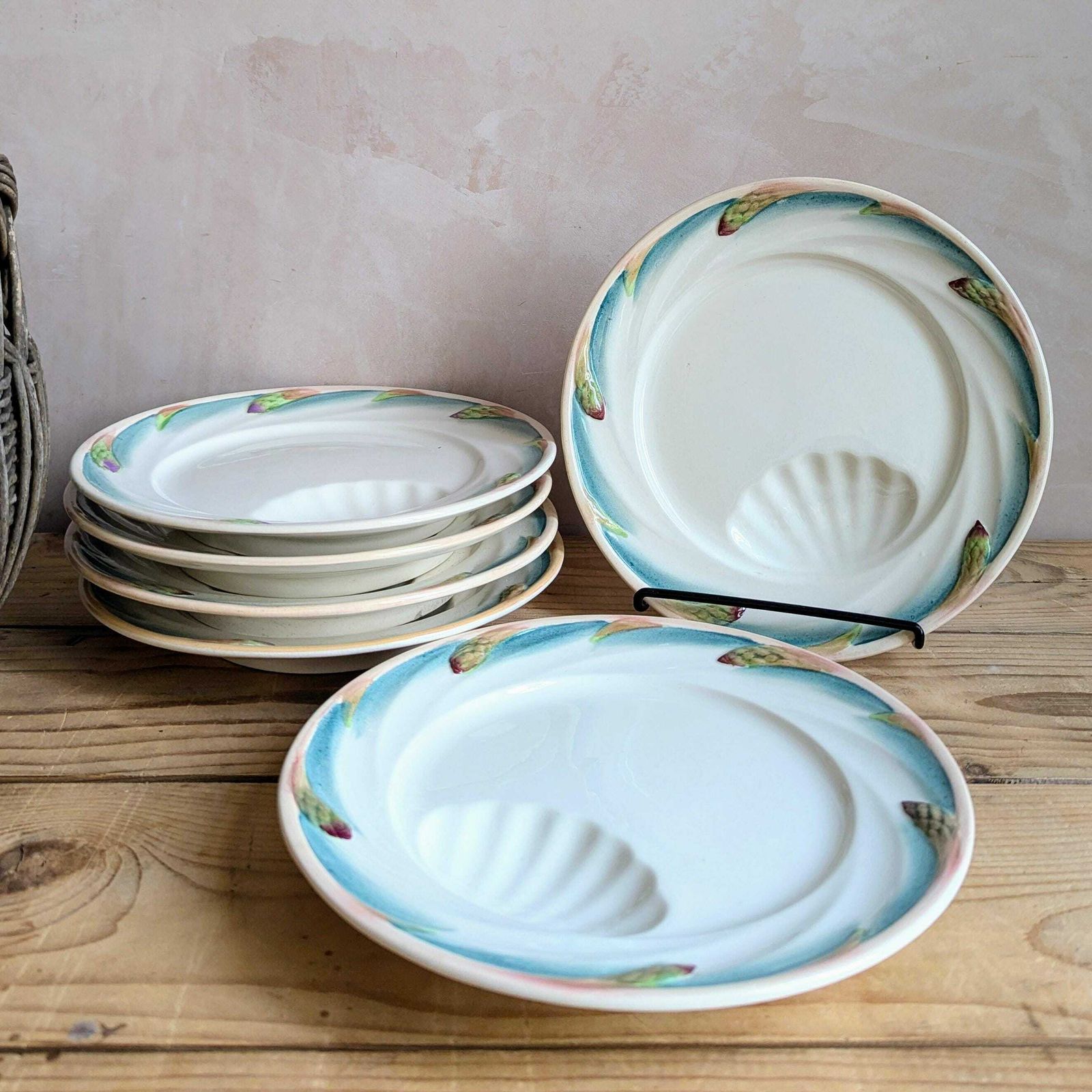 Antique French Majolica Asparagus Plates   6 X Antique Hand Painted Sarreguemines Asparagus Plates C1900 photo for sale