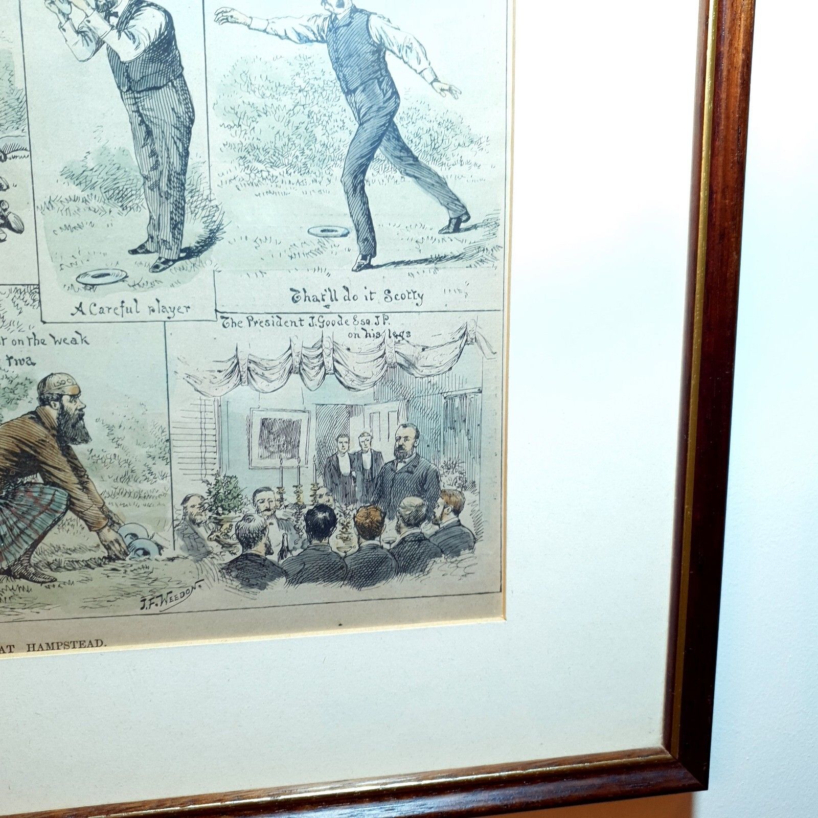photo vinterior J.F Weedon Handgekleurde Lithografie Gedateerd 1888 Zeldzame Quoits Wedstrijd Hampstead