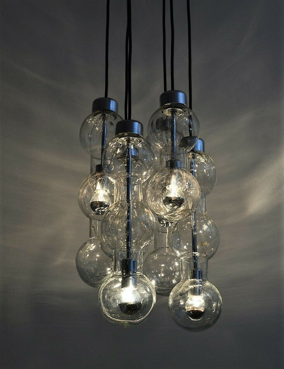 German Bubble Ice Glass And Chrome Cascade Chandelier Or Pendant Lamp By Doria, 1980 photo for sale
