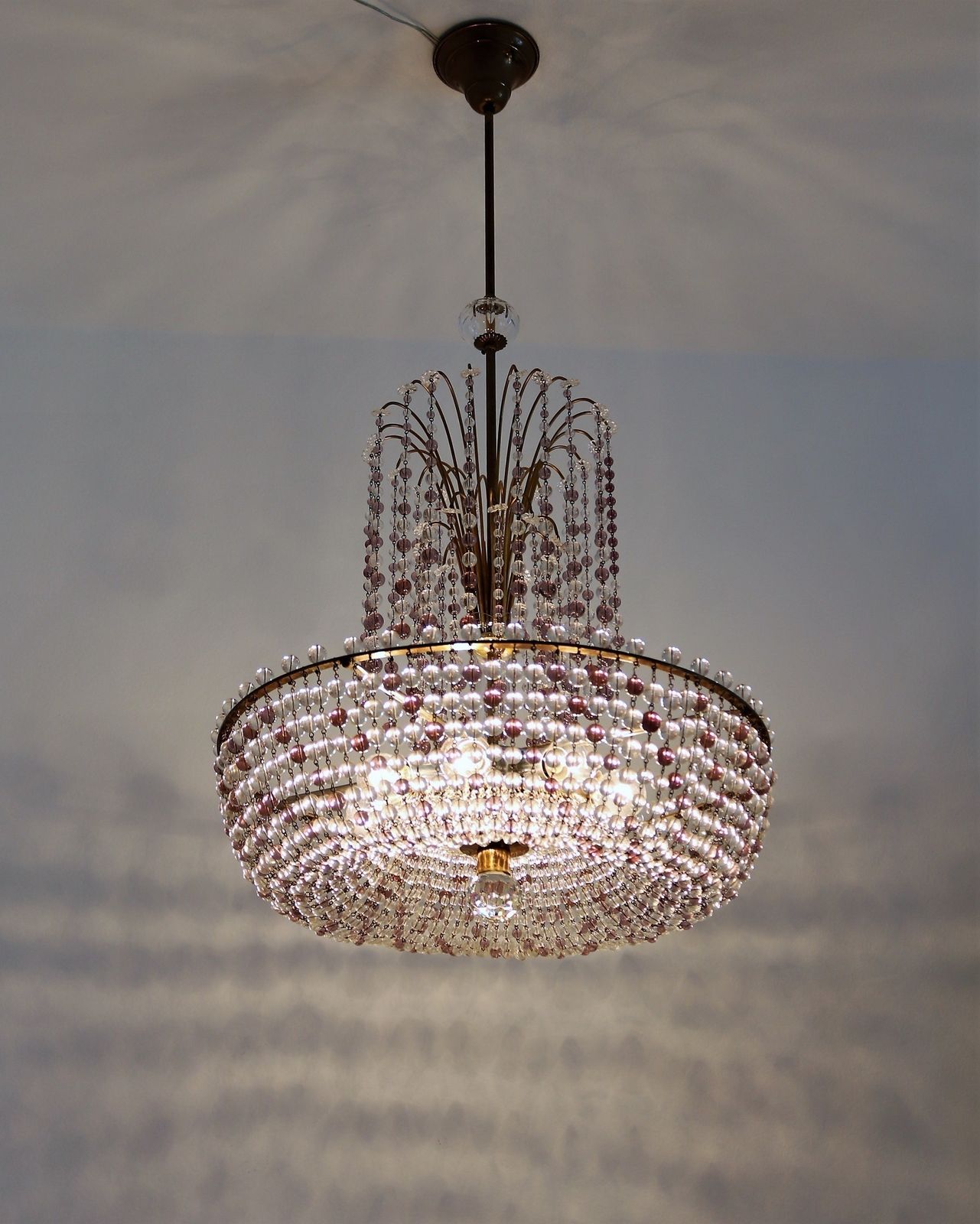 Italian Handcrafted Murano Art Nouveau Waterfall Chandelier In Brass And Crystal photo for sale
