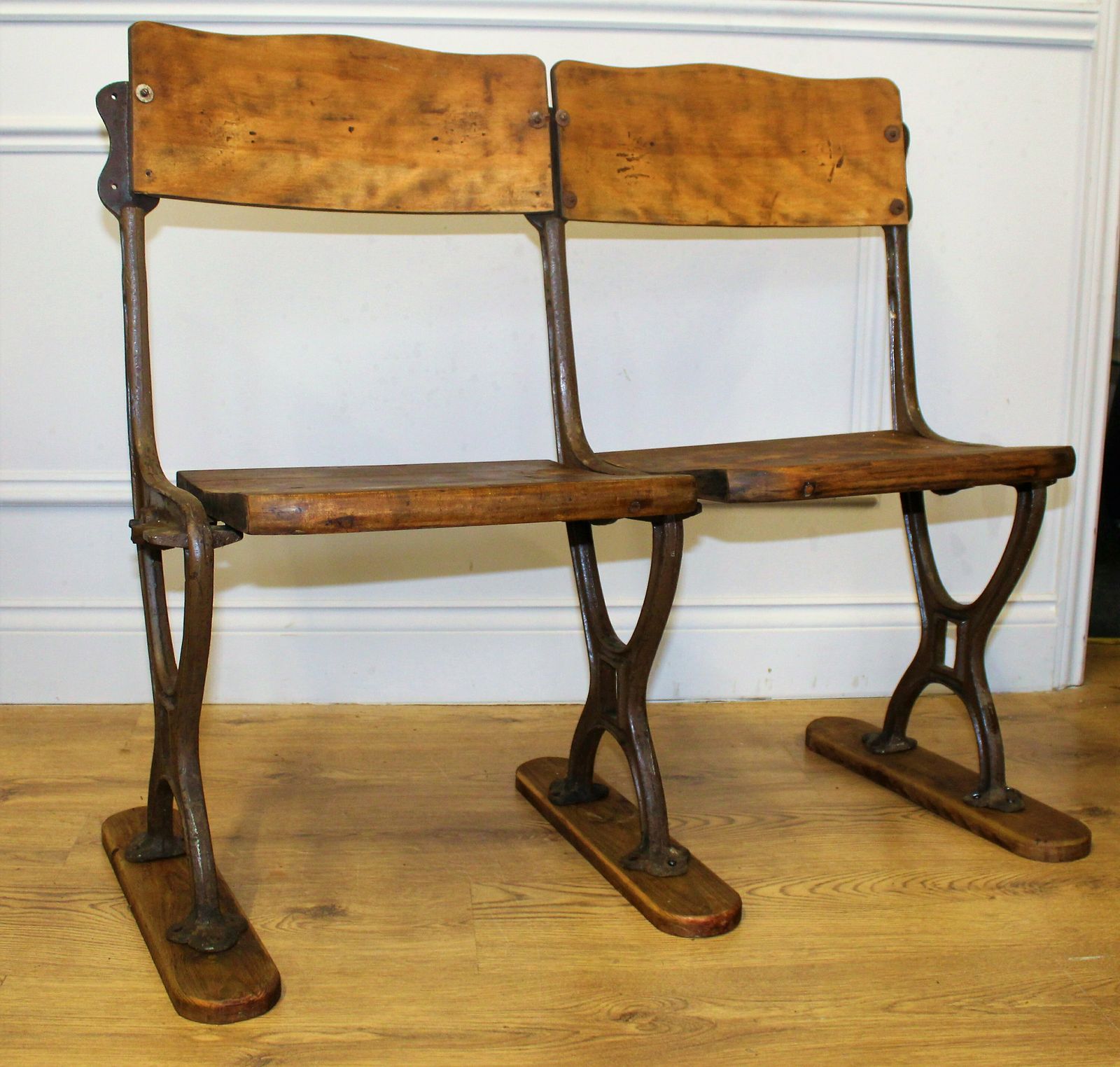Vintage Two Seater Folding Theatre Cinema Chairs Antique Industrial Retro Hall Hallway Opera Stacking Art Deco