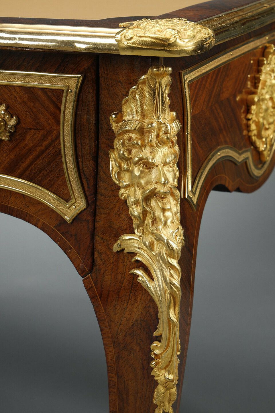 photo vintage Louis XV Style Flat Desk In Marquetry And Rich Gilt Bronze Mountings