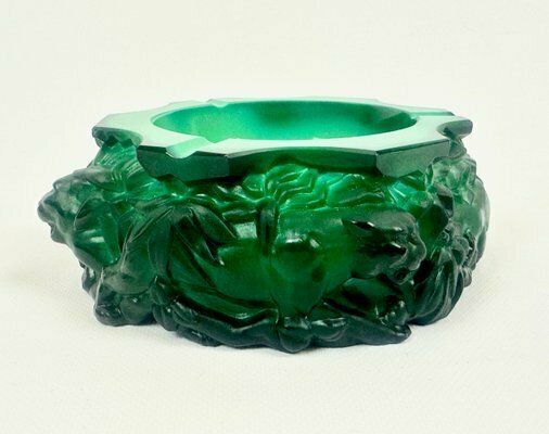 Bohemian Art Deco Malachite Glass Panthers Ashtray Attributed To Heinrich Hoffmann, 1940s photo vintage