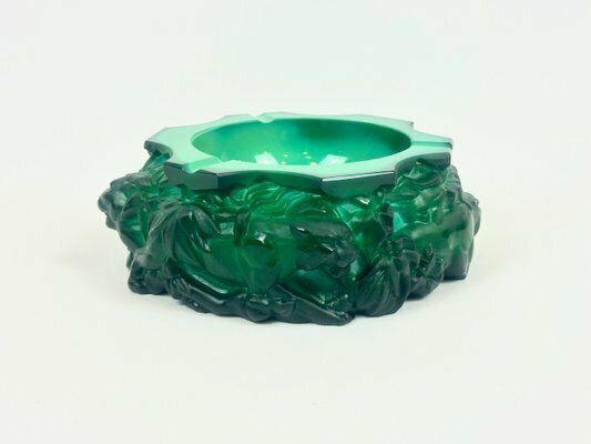 photo for sale Bohemian Art Deco Malachite Glass Panthers Ashtray Attributed To Heinrich Hoffmann, 1940s