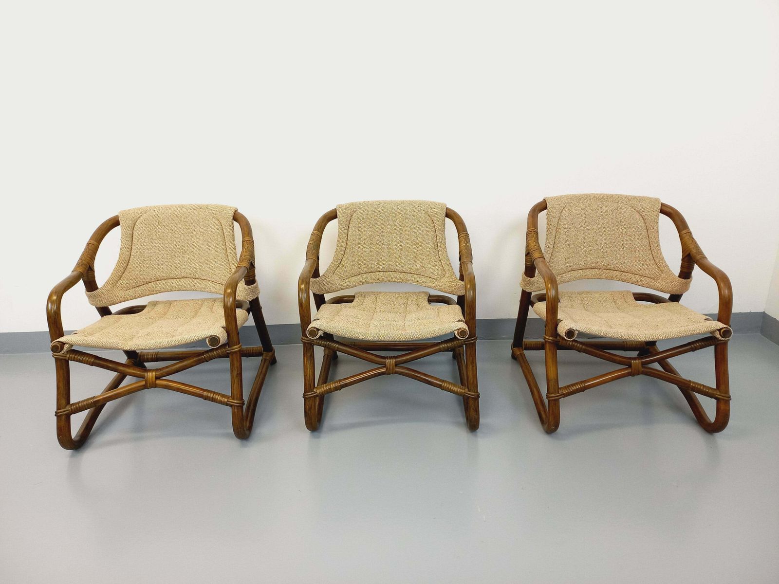 3 Danish Armchairs From Horsnæs Møbelfabrik In Rattan And Fabric photo buy