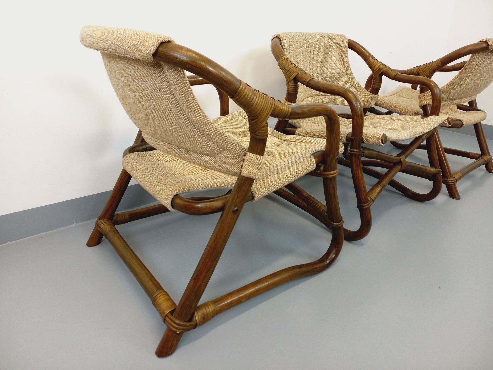 3 Danish Armchairs From Horsnæs Møbelfabrik In Rattan And Fabric photo vintage
