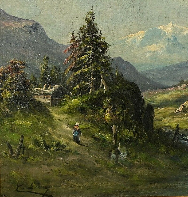 Oil On Canvas “Mountain Landscape” Signed C. Lion – Late 19th Century photo vinterior