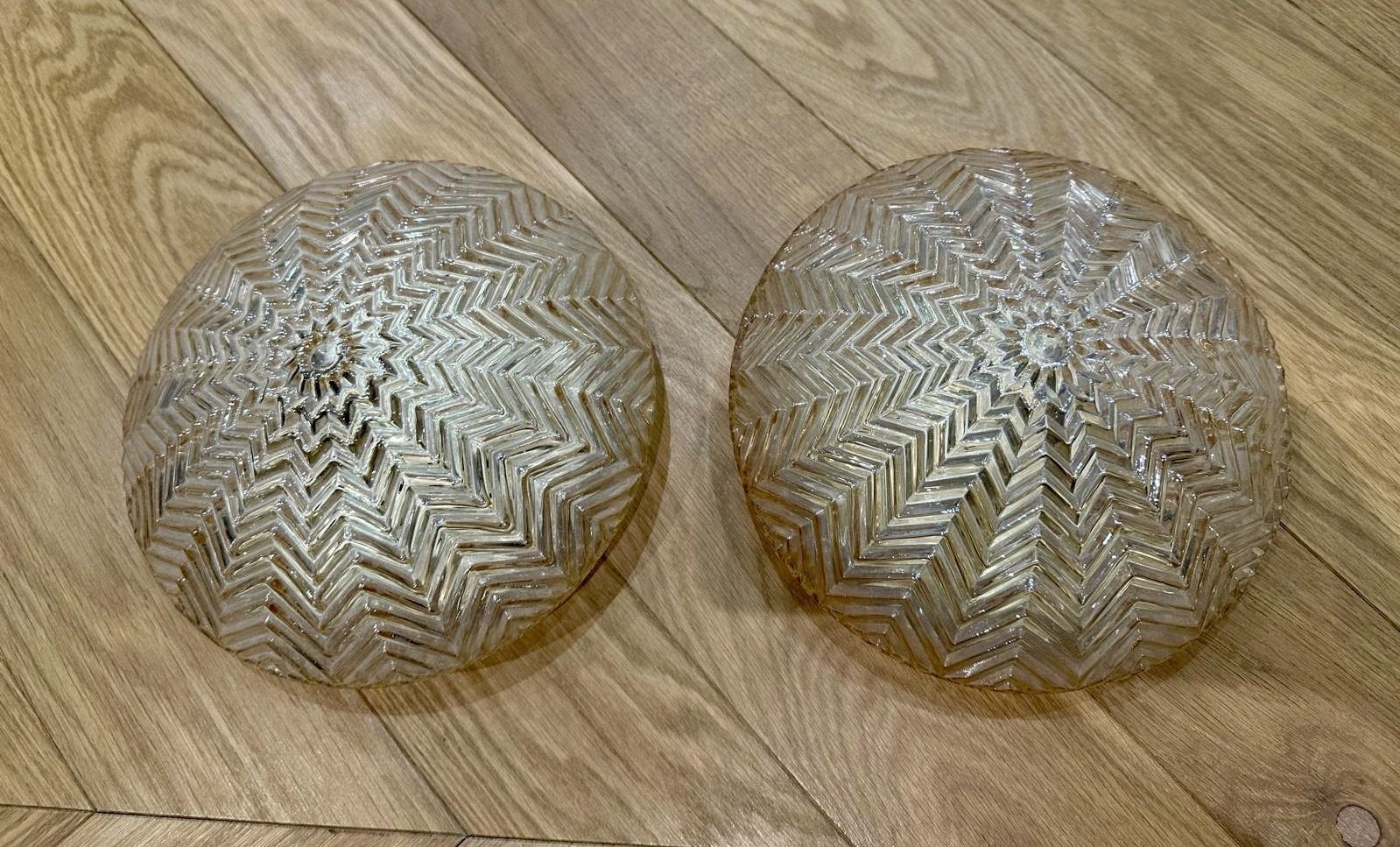 Pair Of Vintage Geometric Zigzag Amber Glass Ceiling Or Wall Lights Flushmount, 1960s photo Lighting