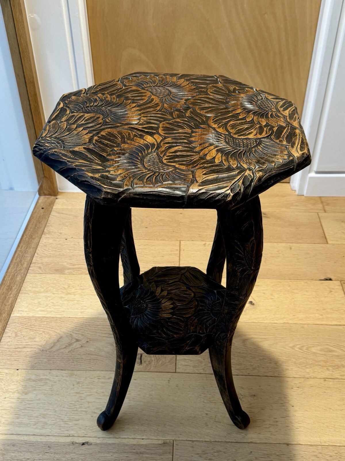 photo for sale Liberty Of London Japanese Hand Carved Floral Side Table C1905