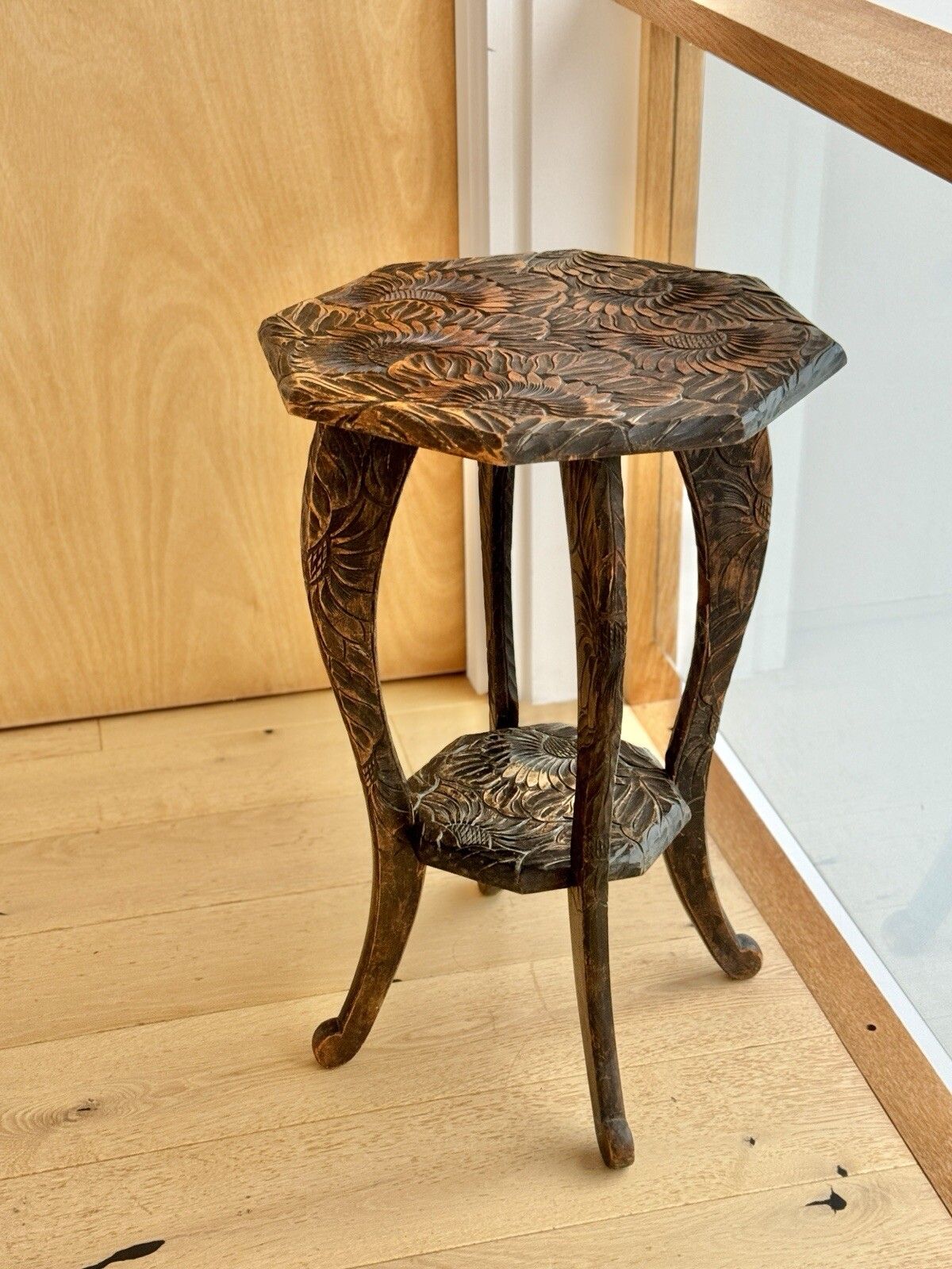 photo buy Liberty Of London Japanese Hand Carved Floral Side Table C1905
