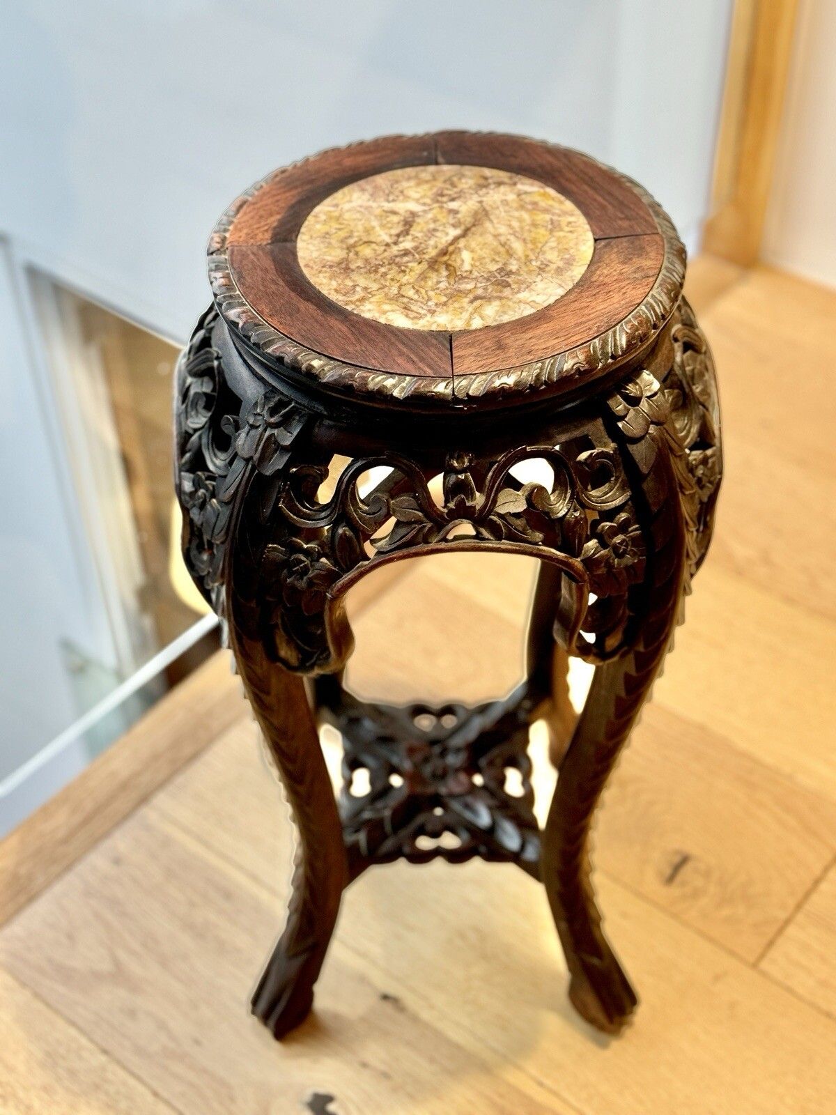 Antique Chinese Jardiniere Stand, Marble Top, Lamp Table, Victorian photo for sale