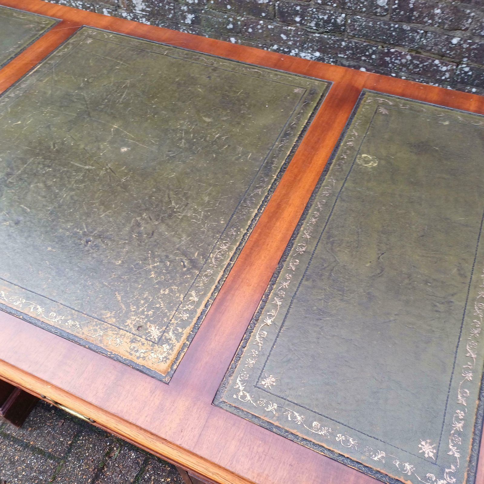 Huge Vintage 60s 70s Mahogany Pedestal Kneehole Desk Faux Green Leather Top photo buy