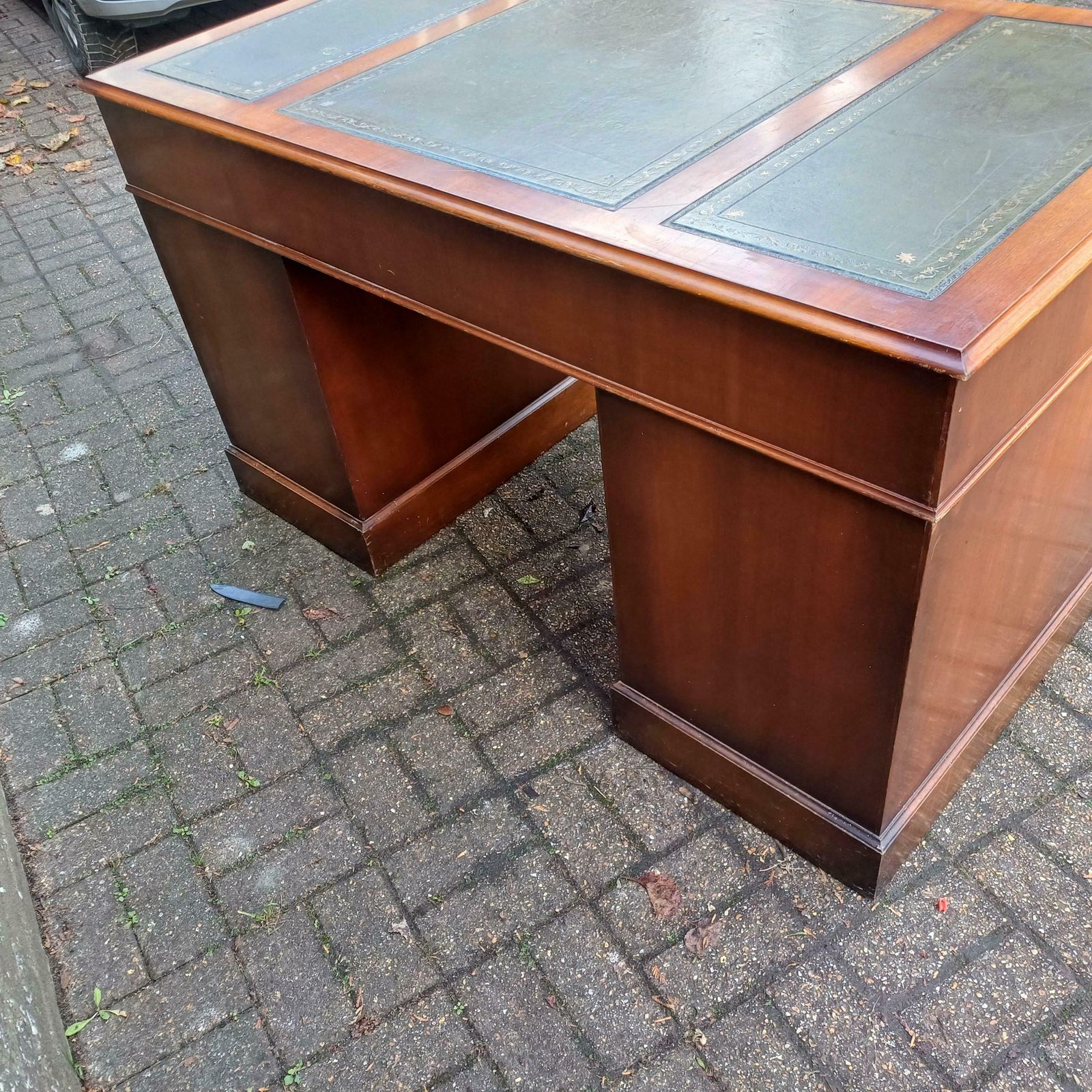 photo for sale Huge Vintage 60s 70s Mahogany Pedestal Kneehole Desk Faux Green Leather Top