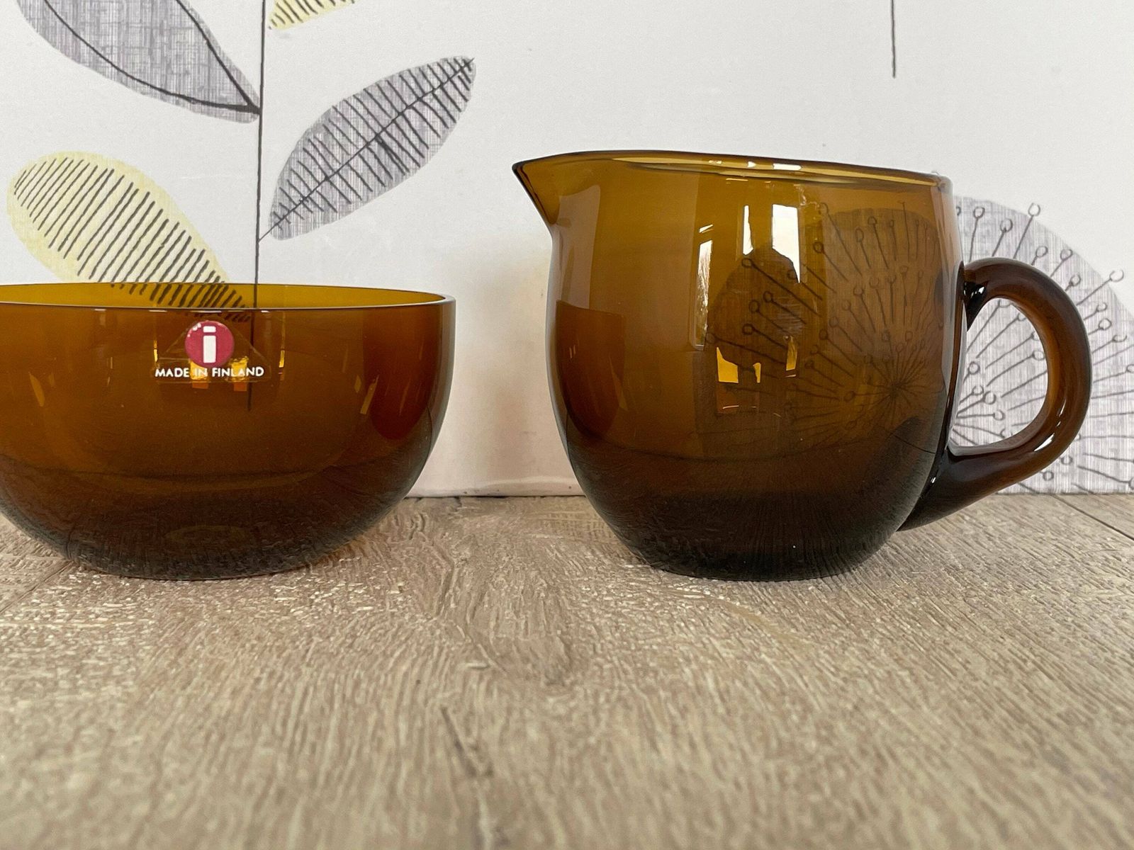 photo for sale Iittala Timo Sarpaneva Smoke Brown Glass Milk Jug And Sugar Bowl   Mid Century Modern Homewares