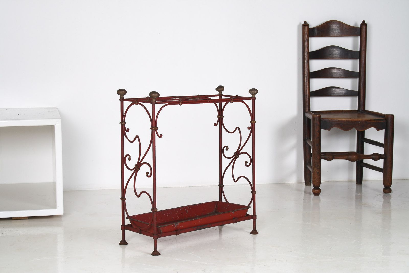 Decorative French Parisian Chic Antique Wrought Iron Red Painted Umbrella Stick Stand photo for sale