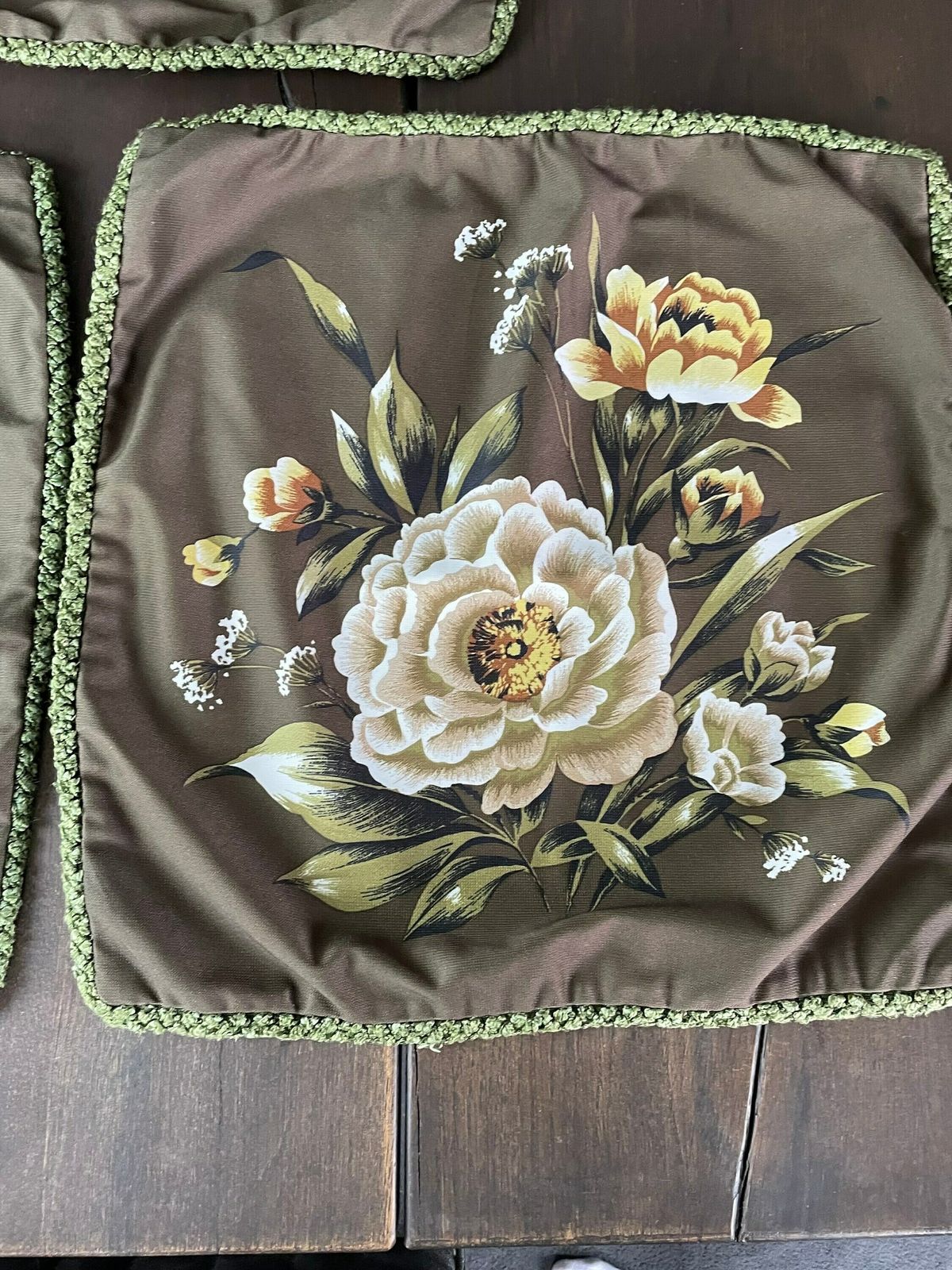 Olive Green Square Cushion Covers With Bold Rose Flower Print   Vintage Seventies Aesthetic Scatter Cushion Covers Set Of Three photo Textiles