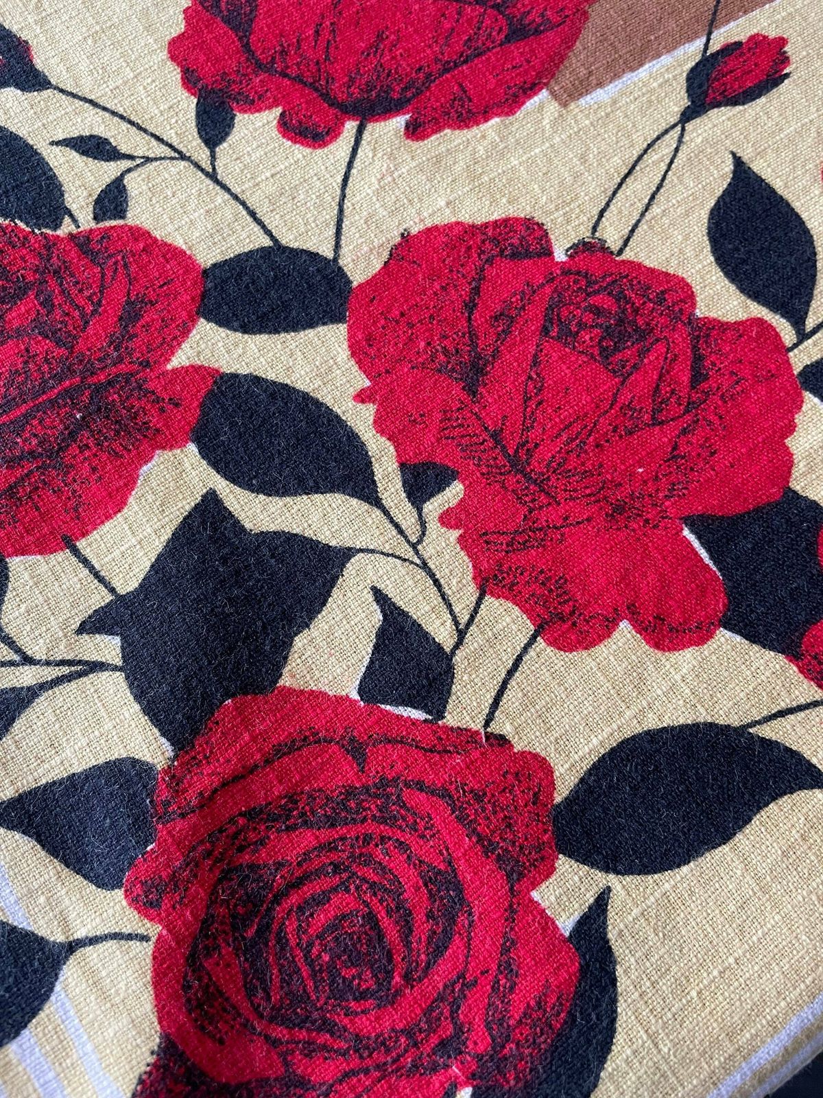 Yellow And Red Rose Mid Century Era Vintage Tablecloth In A Bark Cloth Fabric photo furniture