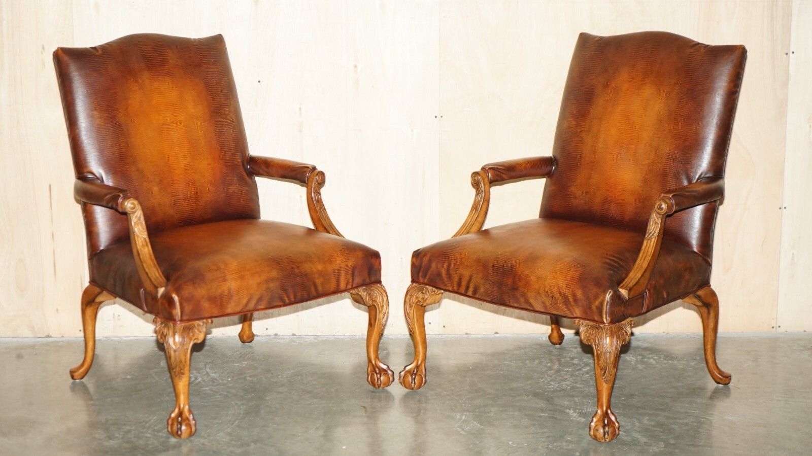Pair Of Councill USA Brown Crocodile Alligator Leather Claw & Ball Armchairs photo furniture