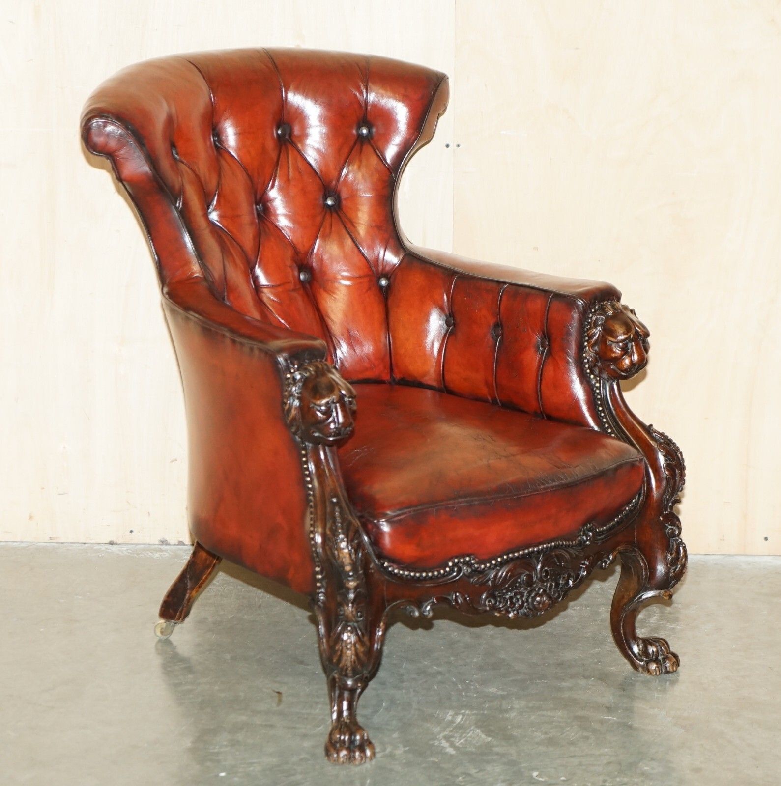 Exquisite Antique Cir 1840 Hand Carved Lions Head Chesterfield Library Armchair