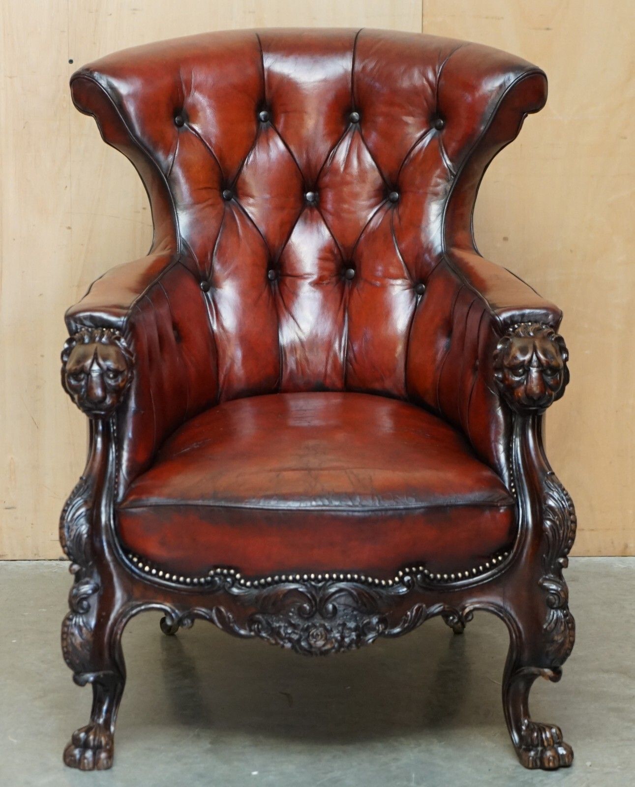 Exquisite Antique Cir 1840 Hand Carved Lions Head Chesterfield Library Armchair photo furniture