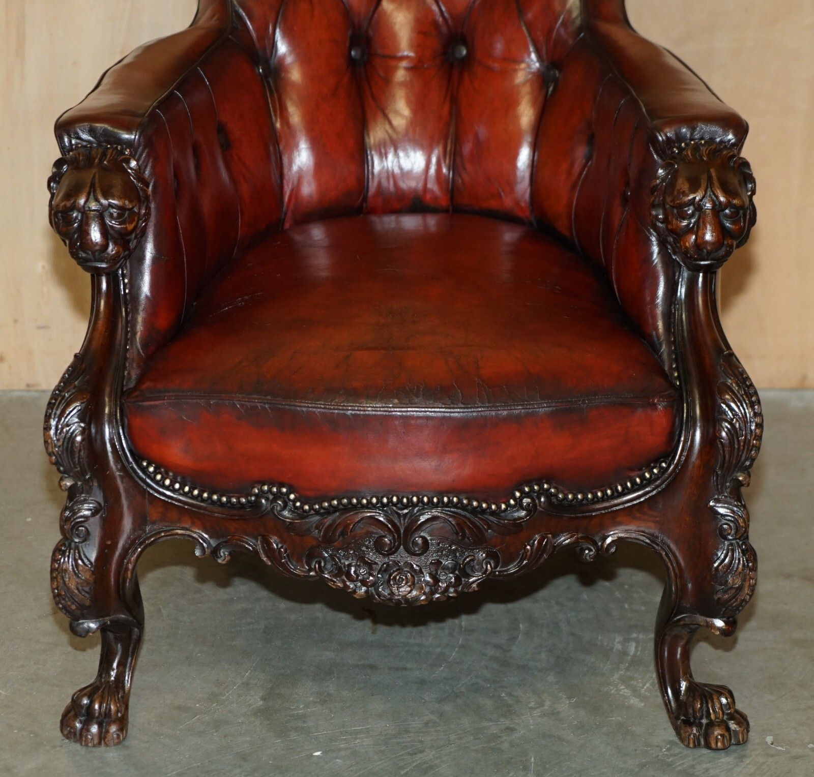 Exquisite Antique Cir 1840 Hand Carved Lions Head Chesterfield Library Armchair photo Furniture