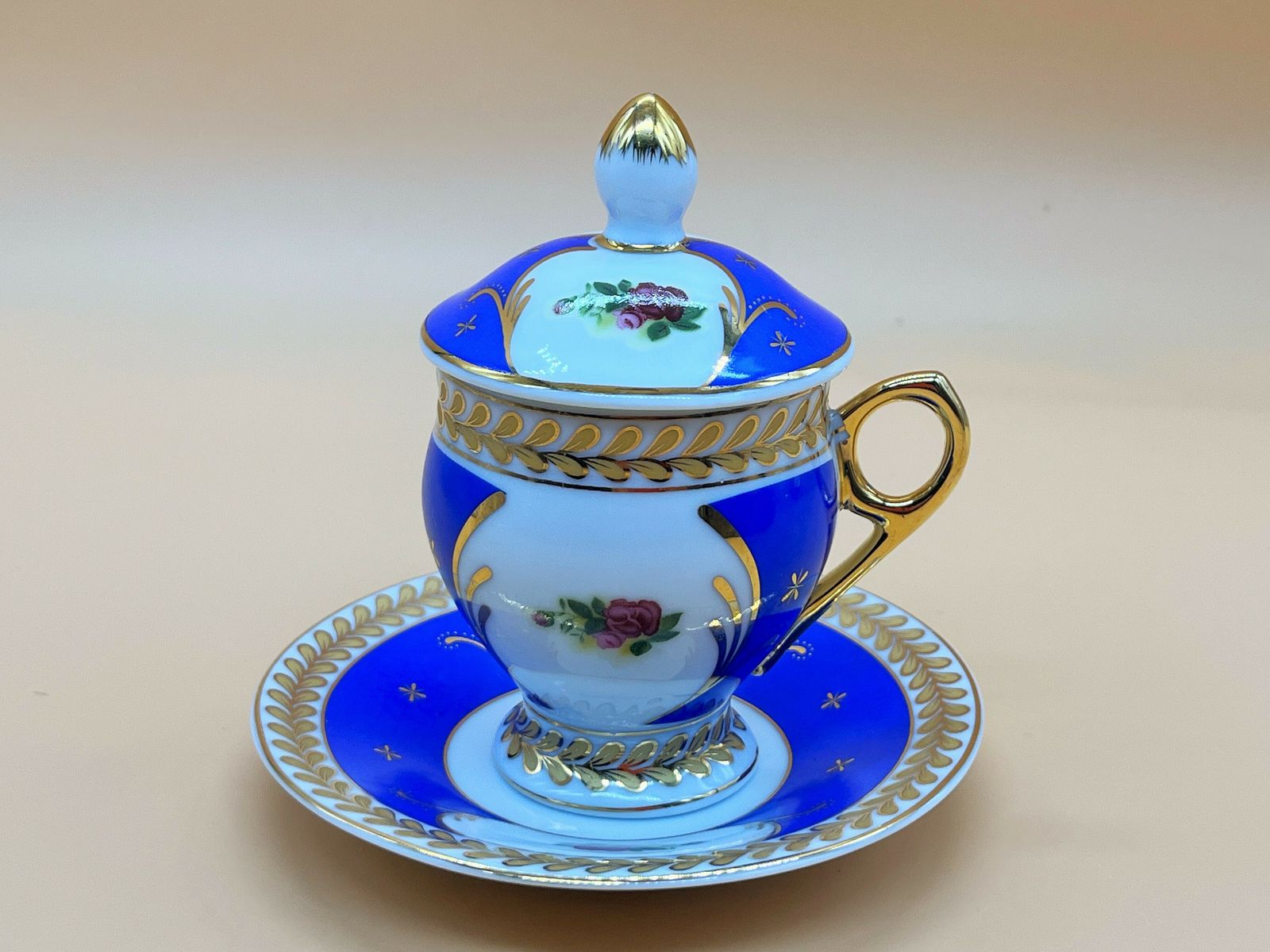 Lg Limoges Porcelain Blue Chocolate Cup, Saucer And Lid.