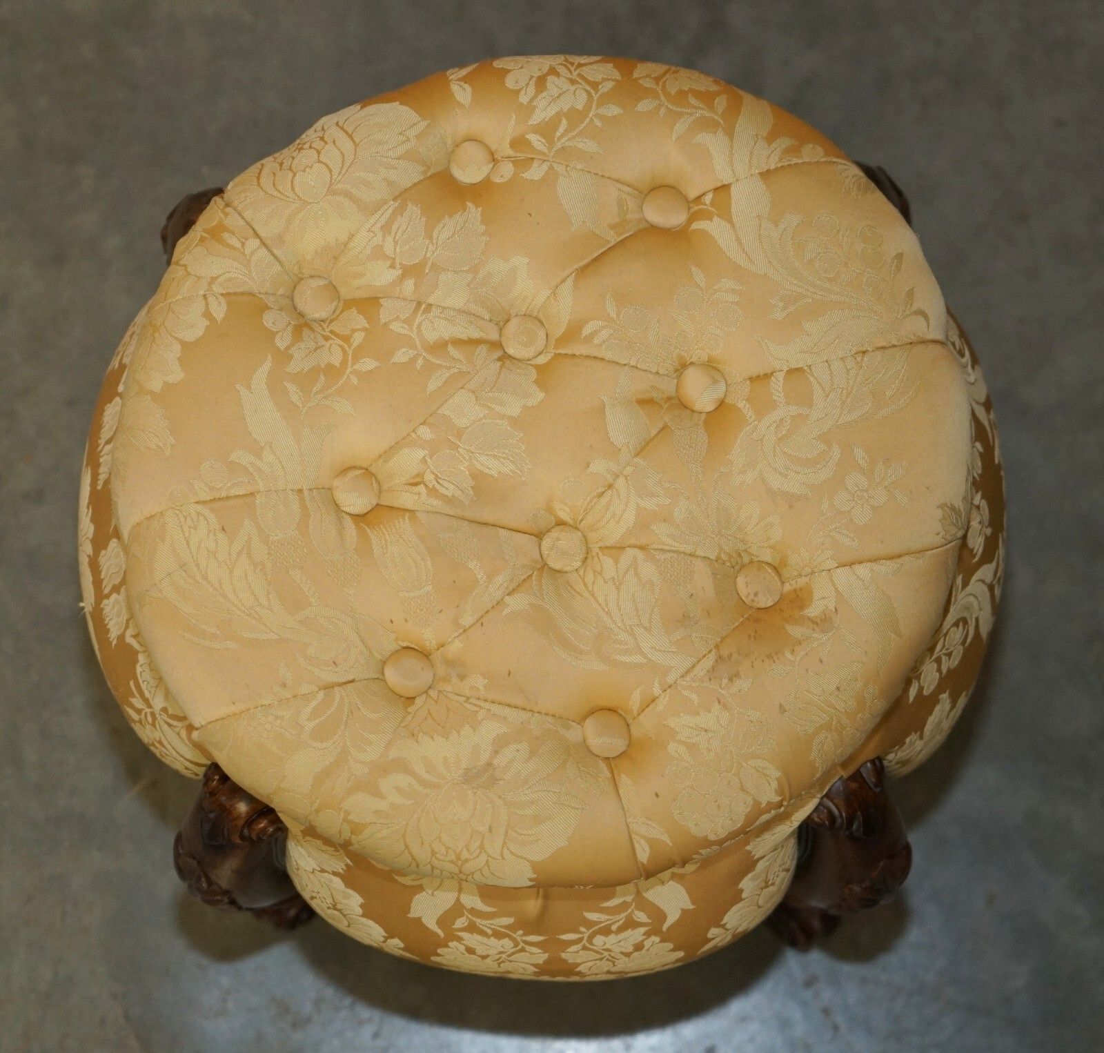 Pair Of Vintage Chesterfield Tufted Floral Upholstered Carved Frame Stools photo Furniture