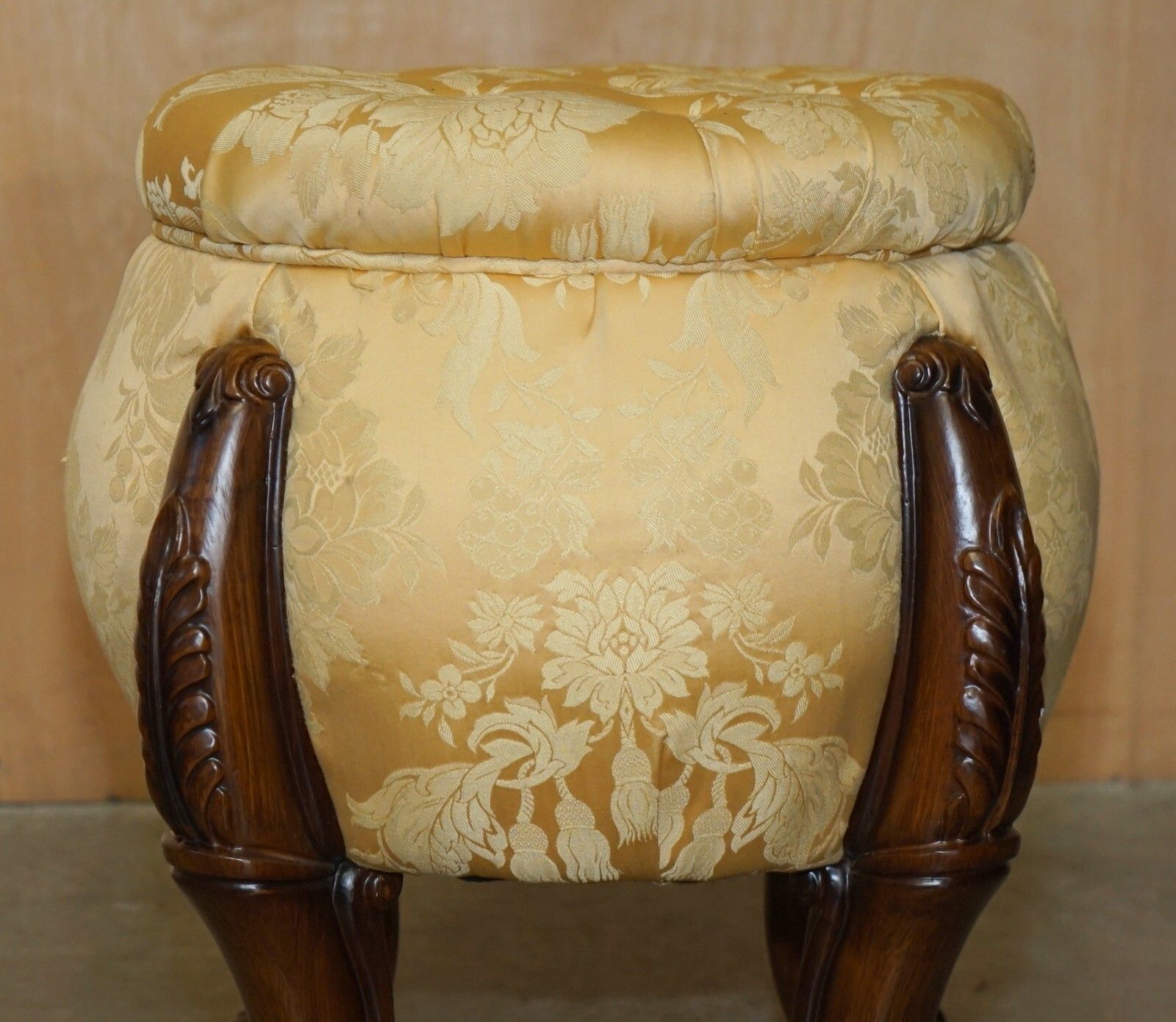 Pair Of Vintage Chesterfield Tufted Floral Upholstered Carved Frame Stools photo 1450.0