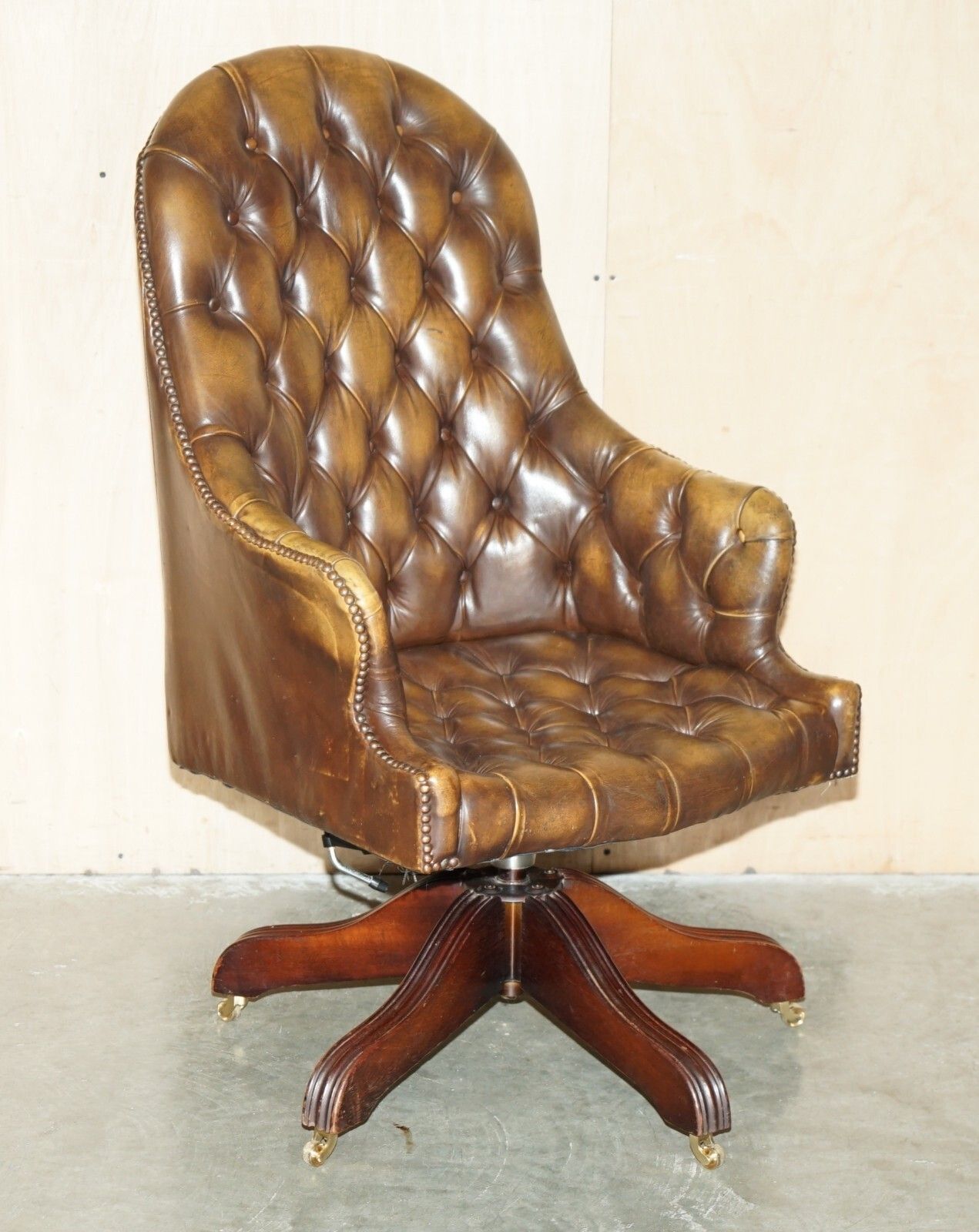Vintage Aged Brown Leather Director's Captains Office Chesterfield Armchair