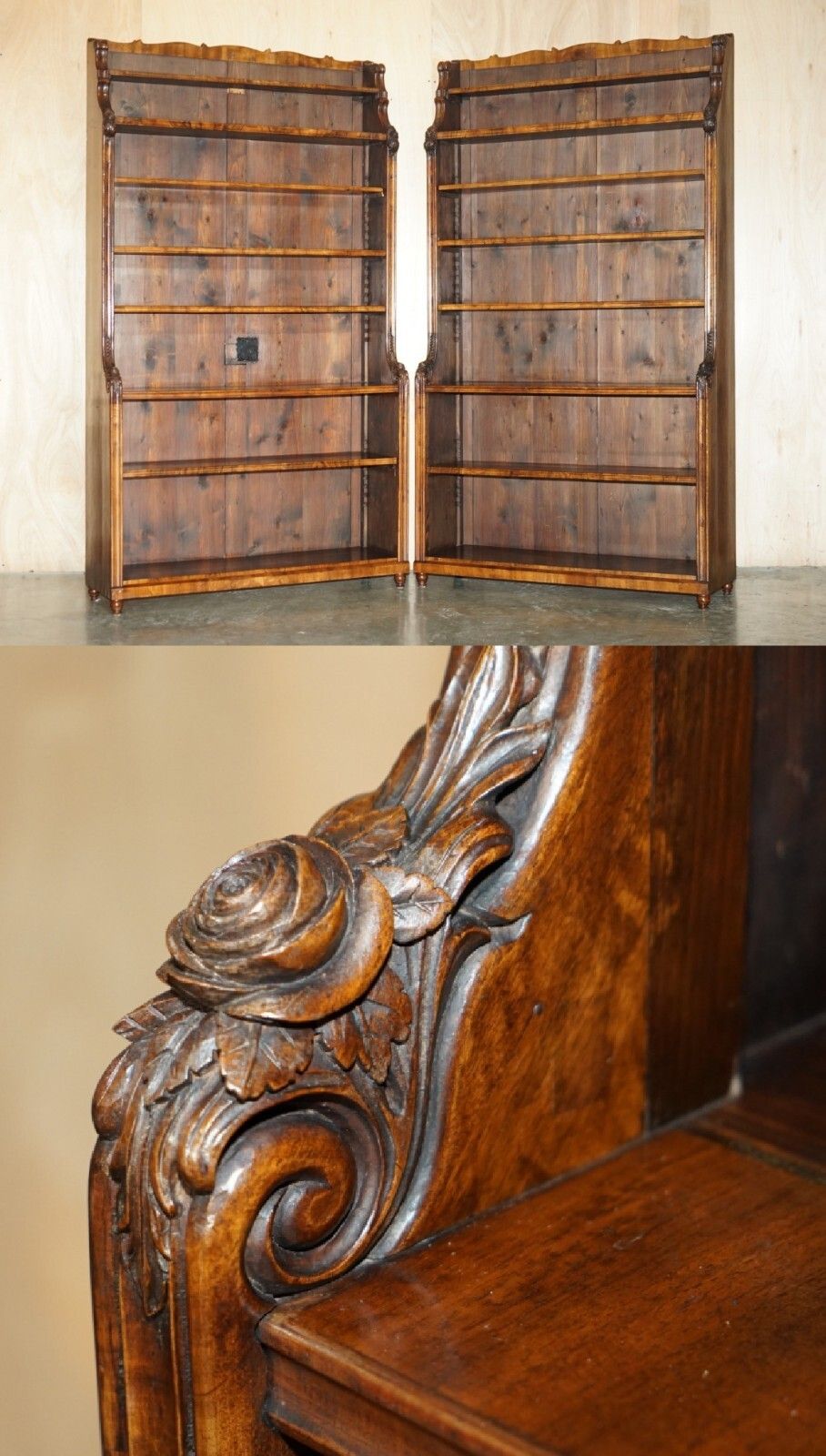 Important Pair Of 2.1 Meter Tall Regency Rosewood Waterfall Library Bookcases
