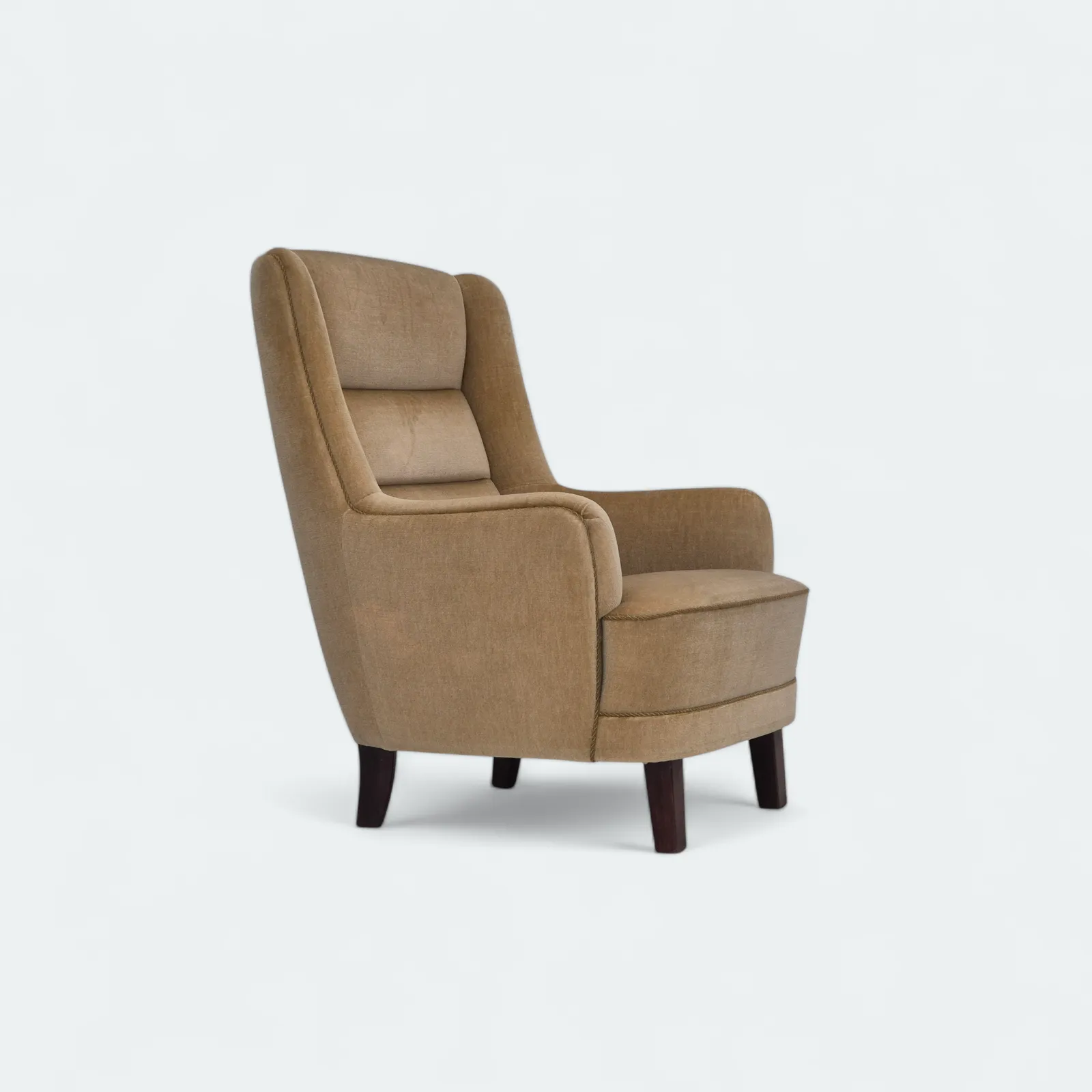Jaren 1970, Deense Fauteuil Met Hoge Rugleuning, Meubilairvelours.