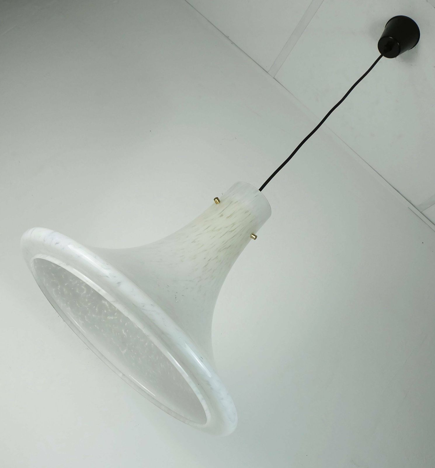 Large 1970s Glashuette Limburg Pendant Light White Opaline Bubble Glass Trumpet Shaped Shade P283 42 photo 805.0