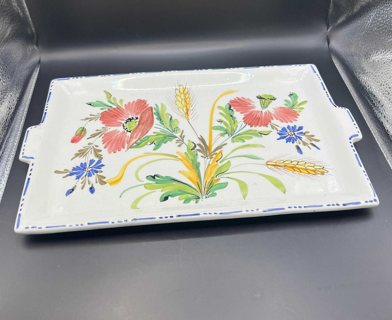 Ceramic Decorative Serving Tray. Hand Painted Floral Design. Stamped Made In Italy. Red Poppies And Blue Cornflowers Design.