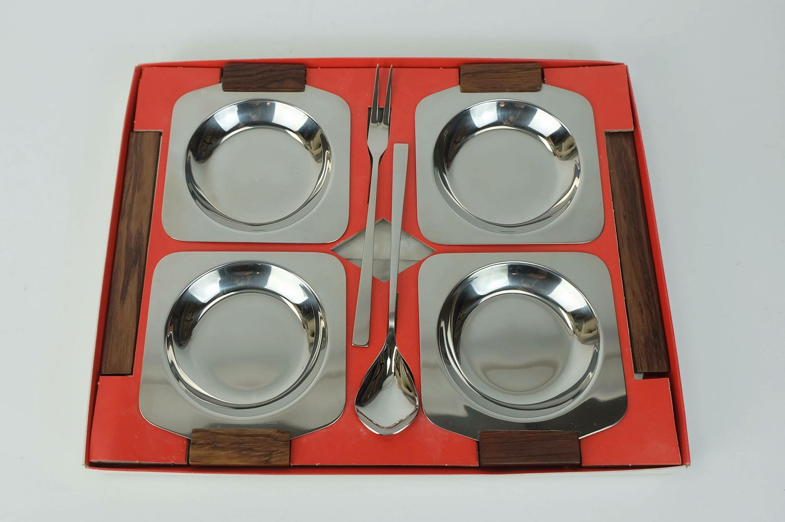 Mid Century Modern Bowl Set Dip Bowls Party Serving Set Stainless Steel And Wood 1960s photo furniture